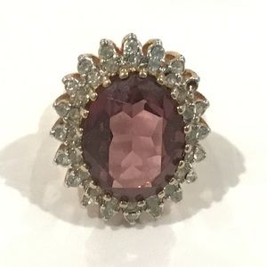 Vintage 18KT Gold Electroplated Purple & Clear Stones Ring Sz 8 MISSING A STONE